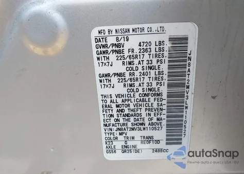 2020 Nissan Rogue Sv Intelligent Awd из США, поврежденный, VIN JN8AT2MV3LW110527